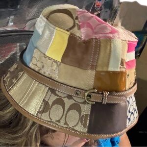 Coach Blue and Tan Bucket Hat plaid patchwork pinks yellow signature  s small